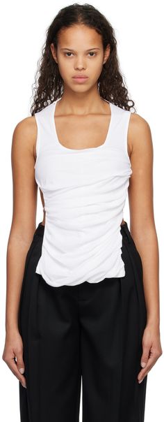 Semi-sheer cotton jersey tank top. · Scoop neck · Gathering and draping at front · Strap detailing and self-tie straps at back Supplier color: White Chic Stretch Tank Top With Ruched Back, Fitted Ruched Tank Top, Summer Stretch Tank Top With Ruched Back, Stretch Tank Top With Ruched Back For Summer, Summer Night Out Tops With Ruched Back, Summer Ruched Fitted Tank Top, Ruched Fitted Tank Top For Summer, Summer Fitted Ruched Tank Top, Fitted Tank Top With Tie Back