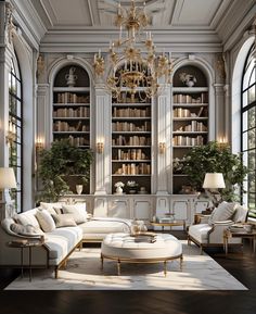 a living room filled with lots of white furniture