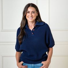 Our charming short sleeve spread collar sweater is an effortless fall silhouette that layers easily over a tee and some jeans. Knit in soft organic cotton that feels soft against the skin. Features a versatile spread collar with faux leather buttons and a lofty cardigan stitch. A refined look that you'll want to wear all season long. Blue Fitted Short Sleeve Polo Sweater, Blue Cotton Sweater With Ribbed Collar, Blue Short Sleeve Cotton Polo Sweater, Casual V-neck Polo Sweater With Seamless Collar, Relaxed Fit V-neck Sweater With Ribbed Cuffs, Fall Sweaters For Women, Navy Cardigan, Collar Sweater, Beige Sweater