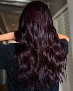 Dark Cherry Ombre Hair, Black With Red Tint Hair, Cherry Red Hair Ideas, Dark Feminine Haircuts, Dark Red Hair Colors, Cherry Red Wavy Hair, Dark Cherry Coke Hair, Dark Brown Cherry Hair Color, Deep Cherry Red Hair Burgundy