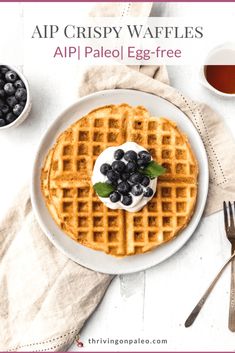 a white plate topped with waffles covered in blueberries