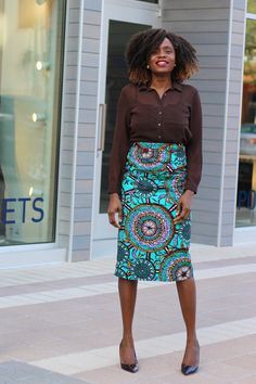 Pencil skirts are exceptionally flattering. A classic style of skirt, the Kenny Midi Pencil Skirt will lend you a sophisticated and upscale look, but with a colorful twist. This midi pencil skirt rests mid-calf at a length of 29-31 inches and features vibrant teal pattern with a hit of purple and brown. Handmade out of soft cotton, the pencil skirt offers a slim fit that adheres to your natural curves. It has been lined fully for your comfort and could be dry cleaned or hand washed   Zipper clos Teal Clothes, Fancy Woman, Skirt African Print, Diy Belt For Dresses, Teal Outfits, Belt For Dresses, Date Wear, Teal Pattern, Diy Belt