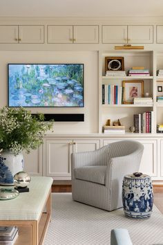 a living room filled with furniture and a flat screen tv mounted to the side of a wall