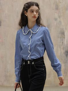 Editor's NotesDUNDROP displays timeless and classic styles with feminine details- Feminine blouse- Lace detail at the placket and collar- Plaid pattern- Puffed shoulderMeasurements(in.)Size: S / M- Length: 23.6 in. / 24.0 in.- Bust: 42.1 in. / 43.7 in.- Shoulder: 15.0 in. / 15.4 in.- Hem circumference: 44.1 in. / 45.7 in.- Sleeve: 24.8 in. / 25.2 in.* Model info: height 5' 7, Fitting size SComposition & Care- 100% cotton- Hand wash or dry cleaningDesigner- by DUNDROP Workwear Blouse With Detachable Collar And Long Sleeves, Long Sleeve Blouse With Detachable Collar For Work, Chic Workwear Shirt With Peter Pan Collar, Fall Office Shirt With Ruffled Collar, Feminine Office Shirt With Ruffled Collar, Classic Tops With Detachable Collar For Work, Spring Workwear Blouse With Detachable Collar, Workwear Tops With Contrast Spread Collar, Spring Long Sleeve Tops With Embellished Collar