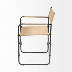 a wooden chair with metal frame and back rests on a white background, in the air