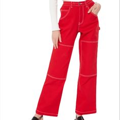 Wide Leg Carpenter Pants Featuring Belt Loops, Classic 5-Pocket Construction, Knee Patches, And Contrast Stitching Throughout. 11" Rise 31" Inseam, 10" Leg Opening 98% Cotton, 2% Spandex Machine Wash Imported Model Is Wearing Size Small Red Cotton Pants With Cargo Pockets, Red Cotton Cargo Pants, Red Wide Leg Cotton Jeans, Red Cotton Jeans With Pockets, Red High Waist Cotton Jeans, Red Wide Leg Cargo Pants For Fall, Red Cotton Pants For Fall, Casual Red Wide Leg Jeans, Red Cotton Utility Pants