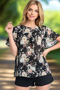 Doe & Rae Sheer floral print flutter sleeve chiffon blouse. Above bust seam with pleats. Sleeveless with flutter short sleeve accent. Color: Black Sizes: S-M-L Bust 36-38-40100% Polyester, imported T3/9089T Black Sheer Blouse, Chiffon Blouse, Sheer Blouse, Black Media, Black Blouse, Flutter Sleeve, Floral Print, Chiffon, Floral Prints