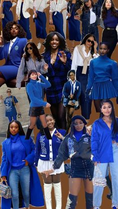 collage of women dressed in blue and white outfits, all with their hands on their hipss