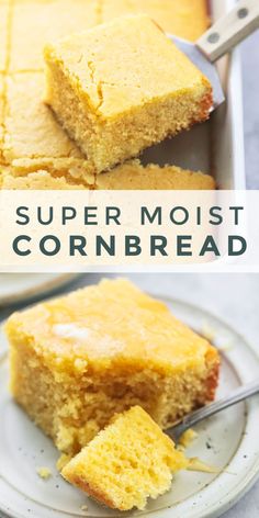 two pictures of cornbread with the words super moist cornbread on top and bottom