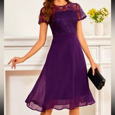 Purple Dress Never Worn Fitted Short Sleeve Chiffon Evening Dress, Fitted Short Sleeve Chiffon Dress For Evening, Formal Chiffon Short Sleeve Dress For Spring, Spring Chiffon Lace Dress For Party, Spring Party Lace Chiffon Dress, Spring Party Chiffon Lace Dress, Fitted Chiffon Lace Dress For Summer, Elegant Purple Chiffon Dress For Summer, Elegant Chiffon Mini Dress With Short Sleeves