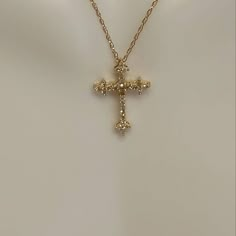 14 kt Yellow gold and .20ct diamond cross necklace 18" Gold Necklace For Quince, Cross Gold Jewelry, Cross Necklace Aesthetic, Golden Cross Necklace, Gold Necklace Cross, Gold Cross Necklace For Women, Catholic Cross Necklace, Pearl And Gold Necklace, Cross Necklace Gold