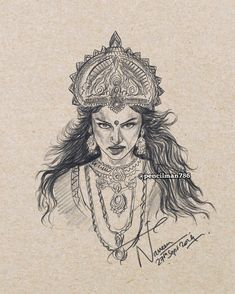 a pencil drawing of a woman with long hair wearing a headdress and jewelry