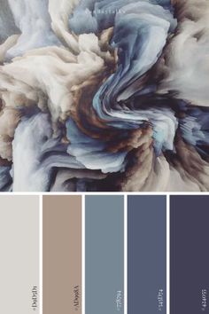 a color palette with different shades of blue, beige and brown on the bottom half