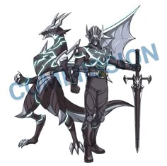 an image of two people dressed in armor and holding swords, with the words dragon on them