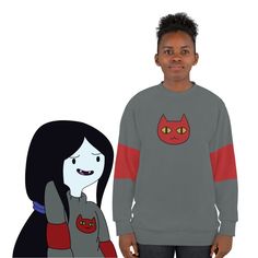 Everyone knows Marceline always had the best looks on Adventure Time, so why not own pieces from her wardrobe, starting with this cute sweater! This all over print crewneck sweatshirt is the perfect example of cool. With quality all-over printing capabilities, you won't be worried about white lines at the seams. This fleece is custom cut and sewn, featuring a crew neck and set-in sleeves to keep you warm.  .: 86% Polyester 14% Cotton .: Crew neck .: Classic Fit .: Custom cut and sewn .: White thread color .: Assembled in the USA from globally sourced parts !! Disclaimer: Please note that the print quality may not come out "absolutely perfect" due to the supplier only able to provide a polyester blend to achieve this look. Winter Pop Culture Crew Neck Tops, Trendy Crew Neck Sweatshirt With Character Print, Long Sleeve Cartoon Print Pop Culture Tops, Pop Culture Cartoon Print Long Sleeve Tops, Long Sleeve Tops With Cartoon Print, Pop Culture Character Print Crew Neck Sweatshirt, Pop Culture Crew Neck Sweatshirt With Character Print, Pop Culture Letter Print Crew Neck Hoodie, Pop Culture Crew Neck Sweatshirt For Winter