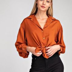 Balling Long Sleeve, Front Tie Knot. Chic Collared Tops For Date Night, Elegant Shirt For Fall Brunch, Versatile Blouse For Fall Brunch, Fall Button-up Blouse For Brunch, Elegant Collared Top For Brunch, Casual Collared Blouse For Date Night, Trendy Fall Shirt For Brunch, Solid Color Fall Blouse For Brunch, Fall Brunch Blouse