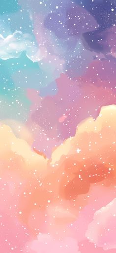 the sky is filled with clouds and stars in pastel colors, as well as some blue