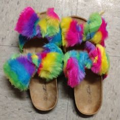 Rainbow Fluffy Sandals Fun Open Toe Slippers For Spring, Fun Open Toe Flip Flops For Spring, Fun Round Toe Slippers For Spring, Fun Synthetic Flip Flops For Spring, Fun Spring Synthetic Flip Flops, Fun Open Toe Synthetic Flip Flops, Fun Synthetic Open Toe Flip Flops, Trendy Multicolor Flat Slippers, Fun Slide Slippers For Spring