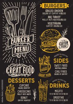 a burger menu on a blackboard with different types of food and drinks in it