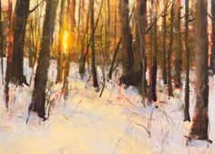 an oil painting of trees and snow in the woods