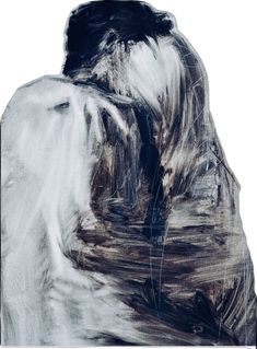 an abstract painting with black and white lines on the back of a person's head