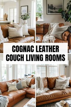 collage of couches and pillows in living room with text overlay that reads cognac leather couch living rooms