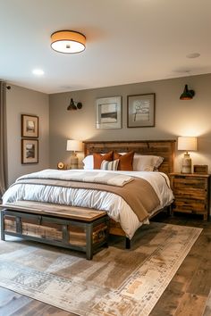 a bedroom with a large bed and wooden furniture