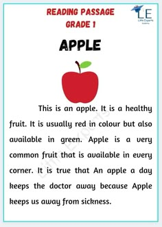 an apple reading passage for grade 1 students to use in the classroom, with text and pictures