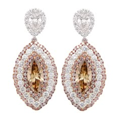 18kt handmade earrings with center cognac marquise GIA certified 3.97 and 1.00ct GIA certified pear shapes and 3.66 ct of pink and white pave diamond halo Pear Shapes, Evening Earrings, Brown Jewelry, Jewelry Accessories Ideas, Dope Jewelry, Brown Diamond, Pear Shaped Diamond, Women Diamond, Diamond Drops