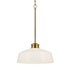 an antique brass finish pendant light with white glass shades on the bottom and gold chain