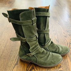 Fiorentini + Baker | Eternity Suede Leather Tall Moto Boots Olive Green Triple Buckle Distressed Green Suede Natural Leather -Mid-Calf Biker Boot With Functional Straps Size: 38 European / 7.5 U.S. Condition: Pre-Owned, Excellent Condition (See Photos) Made In Italy. Made To Last Green Mary Janes, Boots Olive Green, Gladiator Boots, Fold Over Boots, Green Boots, Green Suede, Fantasy Fashion, Moto Boots, Green Leather