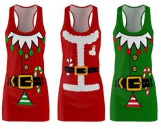 three christmas sweaters with santa's hat and candy canes on the bottom