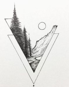 a triangle with trees and mountains in the middle, on top of a white background