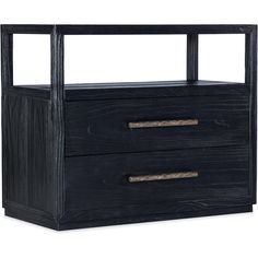 a black wooden cabinet with two drawers on one side and an open drawer on the other