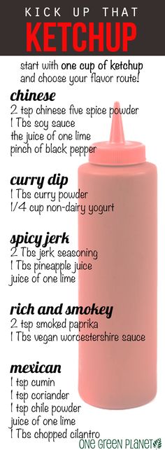 a pink ketchup bottle with instructions on how to use it in the kitchen