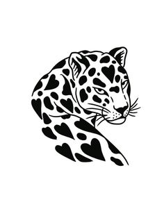 a black and white drawing of a leopard with hearts on it's head,