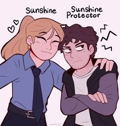 two people are hugging each other with the caption sunshine protector above them that says,