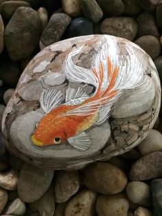 a painted rock with a goldfish on it sitting among rocks and gravel in the foreground