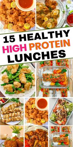 a collage of high protein lunches with text overlay that reads 15 healthy high protein lunches