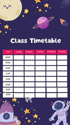 a space themed timetable with cartoon characters and stars