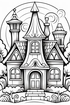 a black and white drawing of a castle