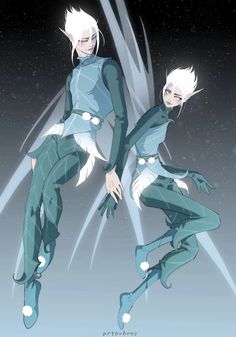 two anime characters are flying through the air with their legs spread out in front of them