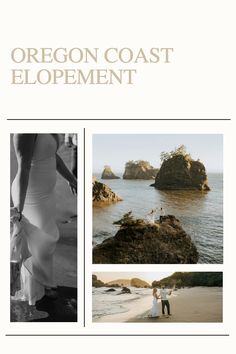 the oregon coast elopement brochure is shown in black and white, with two