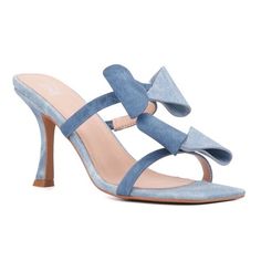 a woman's blue high heeled sandal with an open toe and two straps