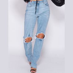 Denim Straight Leg Jeans Distressed Knee Rip High Waist Relaxed Fit 99% Cotton 1% Elastane Ripped Denim Bottoms For Spring, Summer Denim Jeans With Holes, Ripped Light Blue Denim Bottoms, Light Blue Ripped Denim Bottoms, Ripped Denim Straight Leg Bottoms, Ripped Straight Leg Denim Jeans, Non-stretch Ripped Blue Jeans, Non-stretch Distressed Blue Jeans, Casual Blue Jeans With Holes