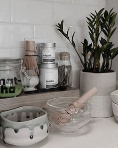 the kitchen counter is clean and ready to be used for cooking or baking, with some plants in the background