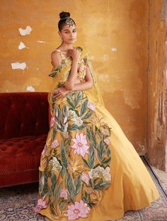 Varun Bahl | Tuscan Yellow Embroidered Lehenga Set | INDIASPOPUP.COM Dresses For Indian Wedding, Drape Lehenga, Isha Ambani, Varun Bahl, Embroidery On Top, Blouse Yoke, Blouse Lehenga, Lehenga Dupatta, Beads Embroidery