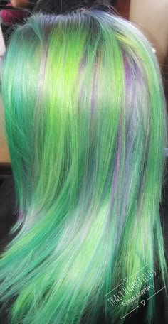 Vivid haircolor Pastel Green And Purple Hair, Pink Purple And Green Hair, Purple And Green Hair Ideas, Multi Hair Color Ideas, Blonde Hair With Green Highlights, Green And Blonde Hair, Blonde And Green Hair, Green Purple Hair, Bright Green Hair