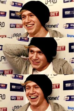 the man is smiling and wearing a beanie in three different pictures, one with his hand on his head