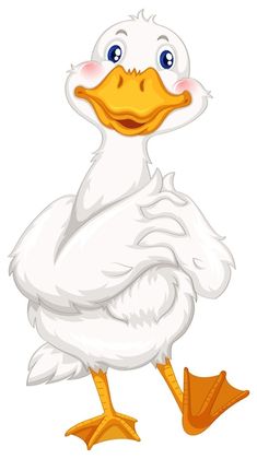 a white duck with blue eyes standing on one leg and looking at the camera illustration